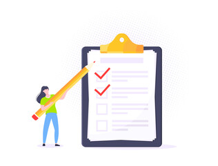 Checklist complete business concept tiny people with pencil nearby giant clipboard, task done and check mark ticks flat style design vector illustration isolated white background.