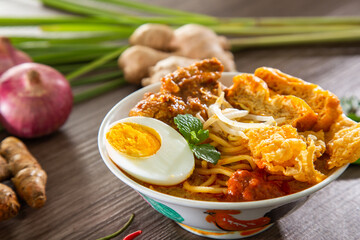 Curry Laksa which is a popular traditional hot and spicy noodle soup from the culture in Malaysia.