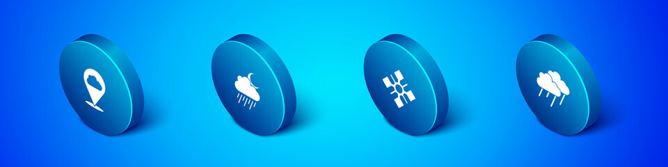 Set Isometric Location cloud, Snowflake, Cloud with rain and and moon icon. Vector