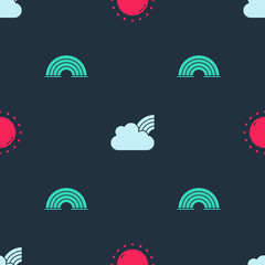 Fototapeta premium Set Sun, Rainbow with clouds and on seamless pattern. Vector