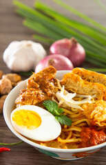Curry Laksa which is a popular traditional hot and spicy noodle soup from the culture in Malaysia.