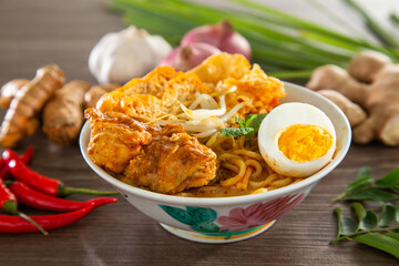 Curry Laksa which is a popular traditional hot and spicy noodle soup from the culture in Malaysia.