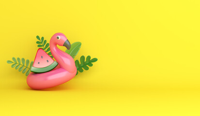 Summer decoration background with flamingo inflatable watermelon leaves cartoon style, copy space text, 3d rendering illustration