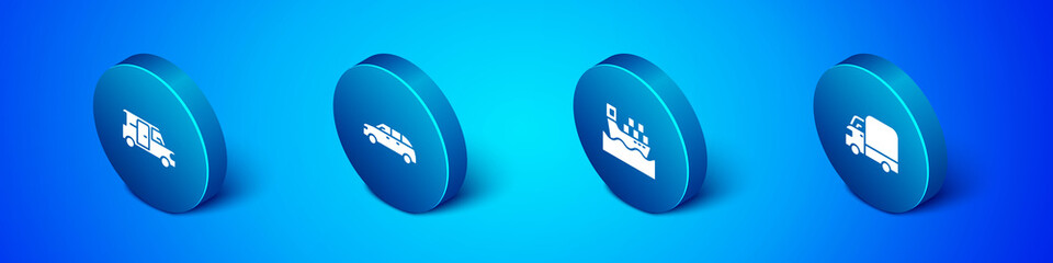 Set Isometric Minibus, Cargo ship with boxes, Delivery cargo truck and Hatchback icon. Vector