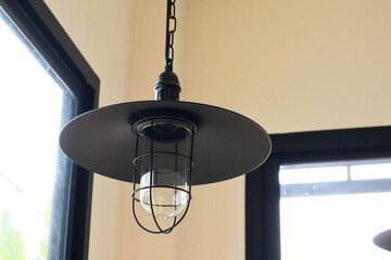 Light bulb and lamp in vintage style hanging from the ceiling.