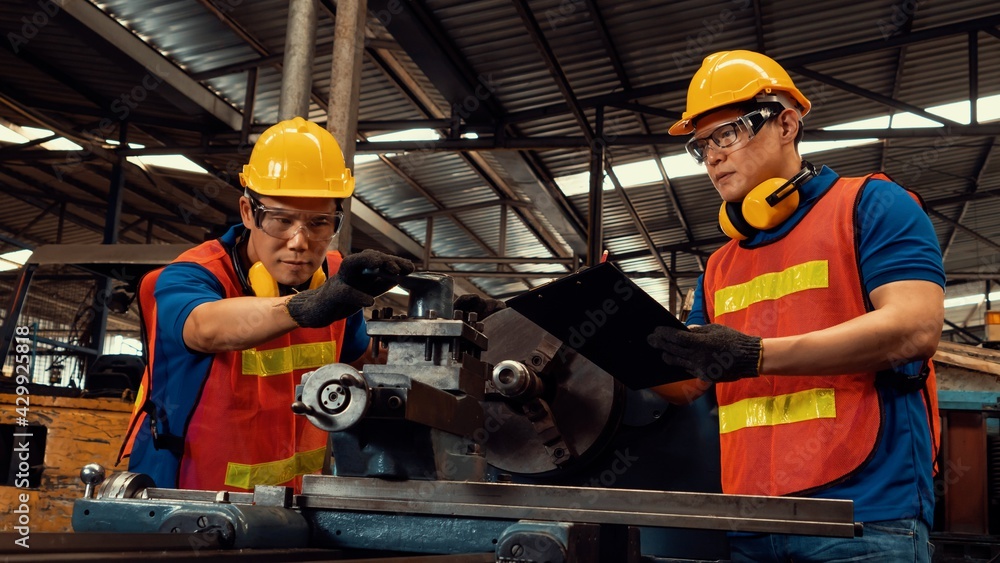 Poster group of skillful factory workers using machine equipment in workshop . industry and engineering peo