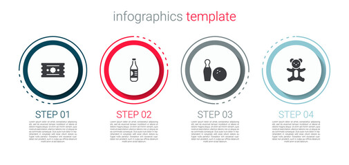 Set Ticket, Bottle of water, Bowling pin and ball and Teddy bear plush toy. Business infographic template. Vector