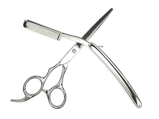 Salon shears crossed barber straight razor 3d rendering