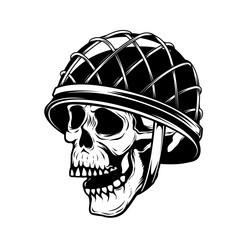 Illustration of soldier skull in military helmet. Design element for logo, label, sign, emblem. Vector illustration
