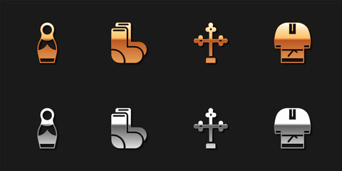 Set Russian doll matryoshka, Valenki, Christian cross and Kosovorotka icon. Vector