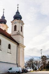 Tihany village on shores of Lake Balaton, Tihany Peninsula, Hungary. 17th century Baroque church built on site of the 10th century Benedictine Abbey.