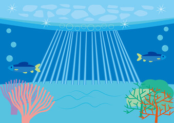 Fototapeta na wymiar Under Water Sea World Background Light beam, Fish, Coral reef