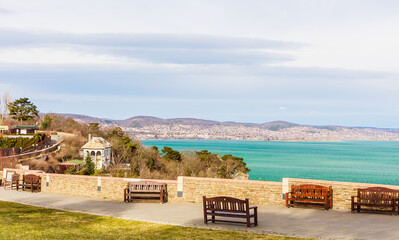 View from the Tihany abbey at the Balaton lake and about   Szantod, Hungary