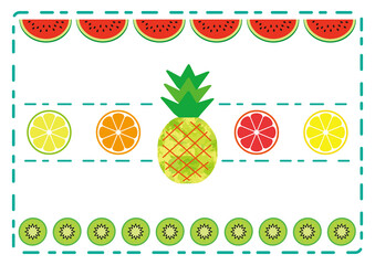 Summer Fruits Frame Background Watermelon, Lemon, Lime, Grapefruits, Orange, Pineapple, Kiwi fruit