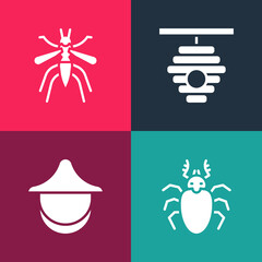 Set pop art Beetle deer, Beekeeper hat, Hive for bees and Mosquito icon. Vector