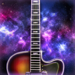 Old electric guitar on the cosmic, starry sky. Music background, cover, banner. Square orientation.