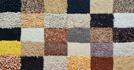 Dry organic cereal and grain seeds background in brick wall pattern, for healthy or carbohydrate food ingredient