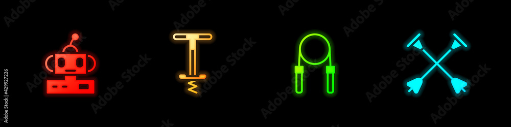 Poster set robot toy, pogo stick jumping, jump rope and arrow with sucker tip icon. vector