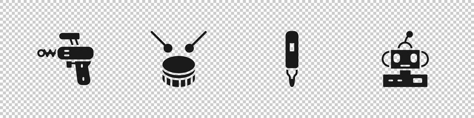 Set Ray gun, Drum with drum sticks, Marker pen and Robot toy icon. Vector