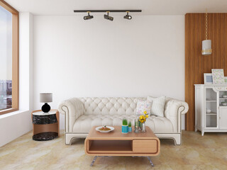 Fototapeta na wymiar Interior Living Room Realistic Wall Mockup. 3D Rendering, 3D illustration.