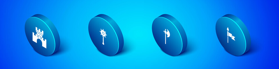 Set Isometric Castle, fortress, Medieval axe, spear and chained mace ball icon. Vector