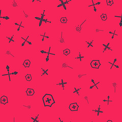Set Shield, Crossed medieval sword, spears and Magic staff on seamless pattern. Vector