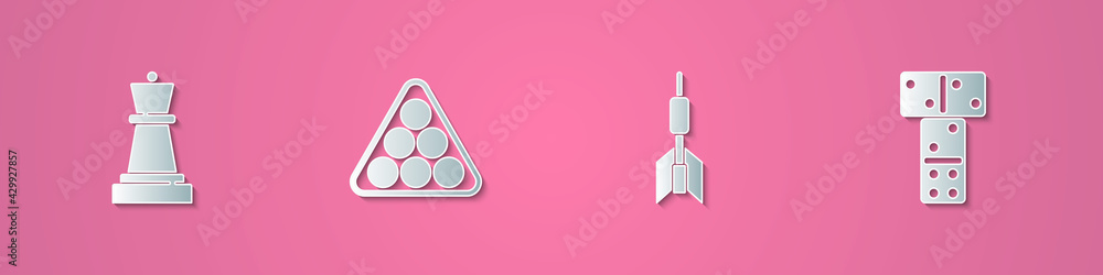 Poster set paper cut chess, billiard balls in triangle, dart arrow and domino icon. paper art style. vector