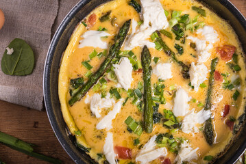 Cooking an omelet with asparagus, tomatoes and spinach - mixed eggs poured into a pan with asparagus, tomatoes and spinach, close-up