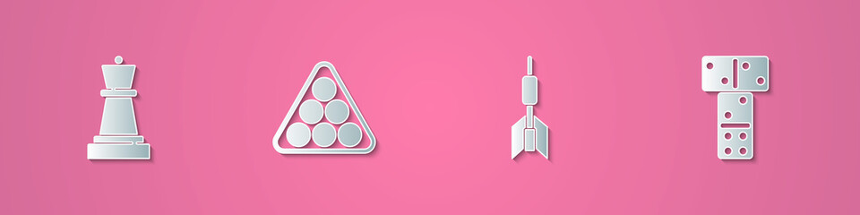 Set paper cut Chess, Billiard balls in triangle, Dart arrow and Domino icon. Paper art style. Vector