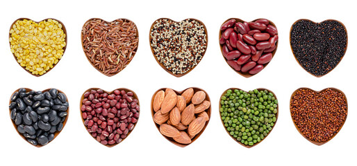 Collection of colorful cereal and grain seeds in heart shape wooden box isolated on white background consisted of mung bean, rice, quinoa, red and black bean, and almond