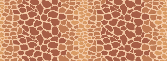 Animal seamless pattern. Giraffe hide. Animal skin texture with brown spots on a yellow background. Mammal fur. Leather print. Camouflage predator. Vector illustration.
