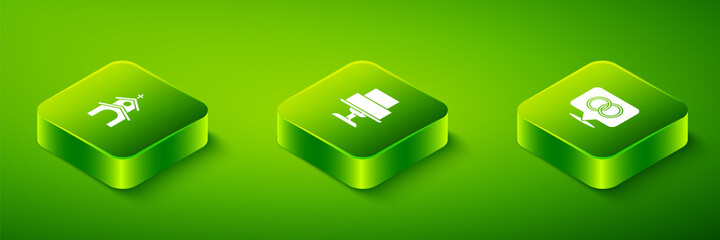Set Isometric Wedding cake, rings and Church building icon. Vector