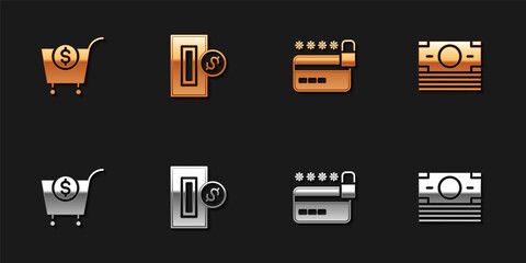 Set Shopping cart and dollar, Inserting coin, Credit card with lock and Stacks paper money cash icon. Vector