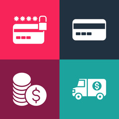 Fototapeta na wymiar Set pop art Armored truck, Coin money with dollar, Credit card and lock icon. Vector