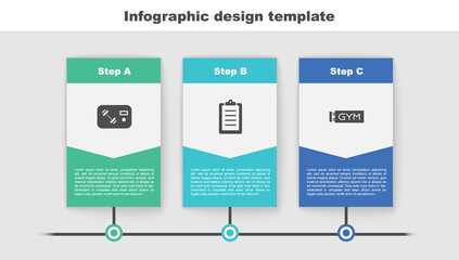 Set Fitness club, gym card, Sport training program and Location. Business infographic template. Vector