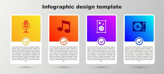 Set Microphone, Music note, tone, Stereo speaker and Vinyl player with vinyl disk. Business infographic template. Vector