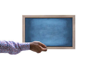 man hand holding Empty clean black drawing chald board with wooden frame