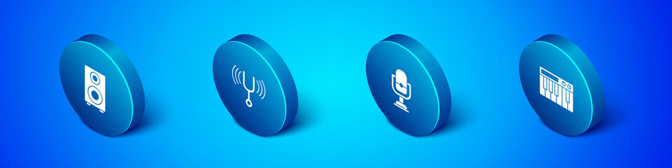 Set Isometric Stereo speaker, Microphone, Music synthesizer and Musical tuning fork icon. Vector