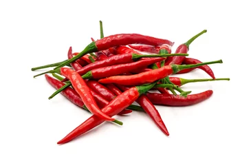 Fotobehang Fresh hot red chilies isolated on white background with clipping path © Chalinee
