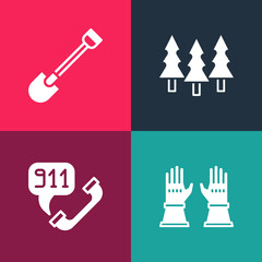 Set pop art Firefighter gloves, Telephone call 911, Forest and shovel icon. Vector
