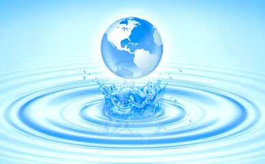 Save clean water, globe world for environmental, ecology, nature, pure water, skincare, keep ocean sea concept. Planet Earth drop into Blue wave make splash water with copy space text World Water Day.