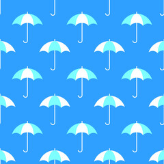 Fototapeta na wymiar White and blue umbrellas on blue background seamless pattern. Vector illustration.