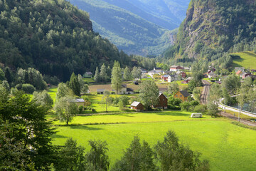 View of Flam village and Flam Line (famous railway, the third-most visited tourist attraction in Norway).