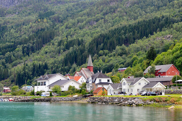Fototapeta na wymiar View of Luster village and Dale church, Norway.
