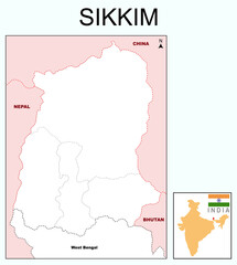 Sikkim map. Highlight Sikkim map on India map with a boundary line. Sikkim political map with border and near states.
