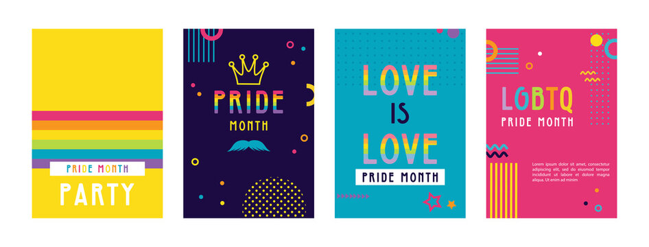 LGBT Pride Month in June posters and web templates. Lesbian Gay Bisexual Transgender. Celebrated annual pride month. LGBT flags, Rainbow and love concept. Human rights and tolerance. Poster, card, ban