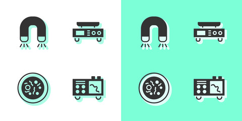 Set Spectrometer, Magnet, Petri dish with bacteria and Electronic scales icon. Vector