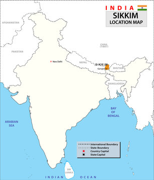 Sikkim map. Highlight Sikkim map on India map with a boundary line. India details map.