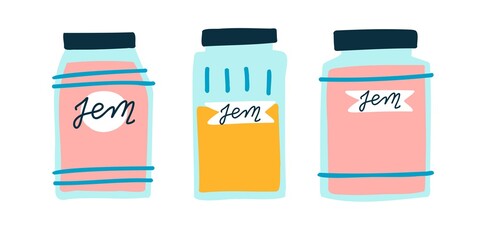 cute doodle jars drawn by hands. vector colored jars with jam. childrens illustration