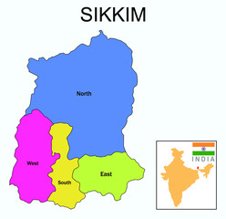 Sikkim map. Highlight Sikkim map on India map with a boundary line.  Sikkim district colorful map